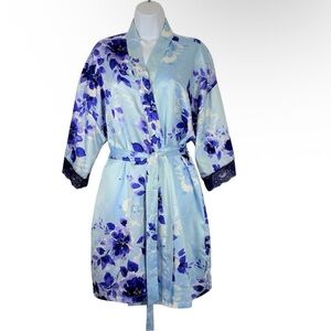 APT. 9 Blue Floral Satin Kimono Robe Lace Trim Belted Size L Intimates